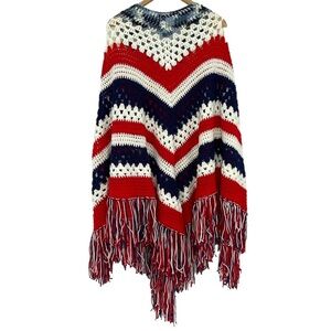 Handmade patriotic red white blue crochet fringe bottom poncho sweater, OS